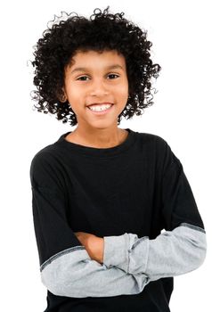 Mixed race boy standing with her arms crossed isolated over white
