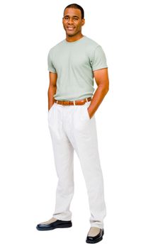 Confident man posing and smiling isolated over white