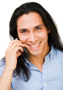 Happy man talking on a mobile phone isolated over white