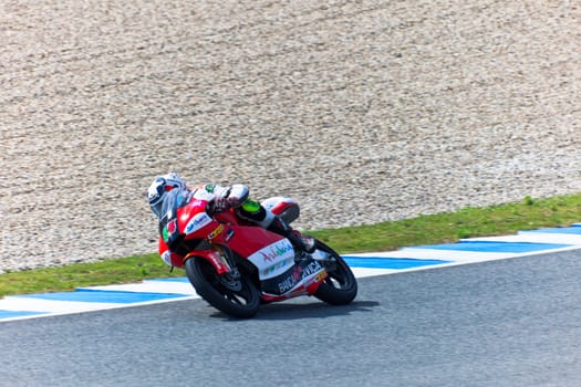 JEREZ DE LA FRONTERA, SPAIN - MAR 5: Moto2 motorcyclist Miguel Oliveira takes a curve in the MotoGP Official Trainnig on Mar 5, 2011 in Jerez de la Frontera, Spain