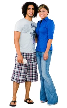 Young couple smiling and posing isolated over white