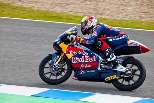 JEREZ DE LA FRONTERA, SPAIN - MAR 5:125cc pilot Jonas Folger races on the official training of the world championship of MotoGP on Mar 5, 2011, in Jerez de la Frontera, Spain