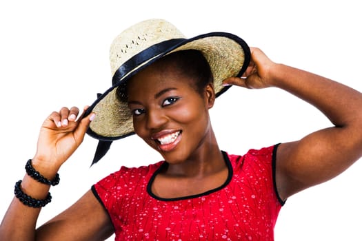 Smiling young woman posing isolated over white