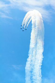 MALAGA, SPAIN-MAY 28: Aircrafts of the Patrulla Aguila taking part in an exhibition on the day of the spanish army forces on May 28, 2011, in Malaga, Spain