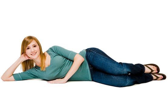 Woman posing and smiling isolated over white