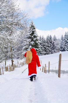 Santa Claus, Father Christmas in a beautiful winter landscape