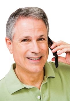 Smiling man talking on a mobile phone isolated over white