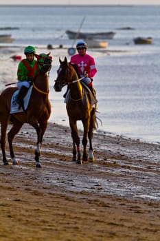 SANLUCAR DE BARRAMEDA, CADIZ, SPAIN - AUGUST 10: Unidentified riders at the start of race horses on Sanlucar de Barrameda beach on August 10, 2011 in Sanlucar de Barrameda, Cadiz, Spain.