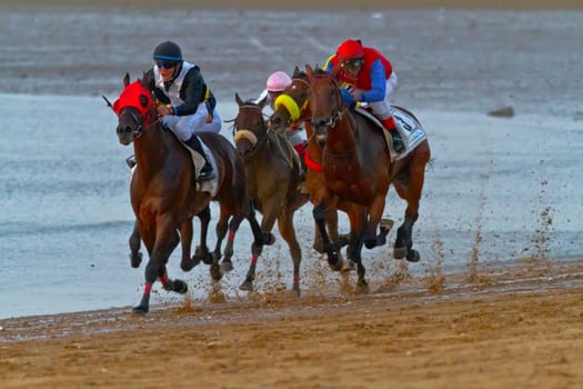 SANLUCAR DE BARRAMEDA, CADIZ, SPAIN - AUGUST 10: Unidentified riders race horses on Sanlucar de Barrameda beach on August 10, 2011 in Sanlucar de Barrameda, Cadiz, Spain.