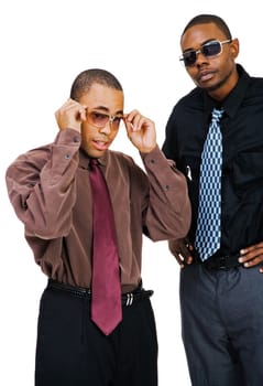 Two businessmen posing together isolated over white