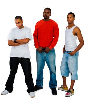 Portrait of three young men posing isolated over white