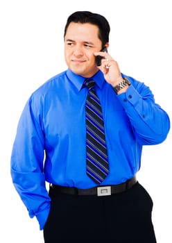 Latin American businessman using a mobile phone isolated over white