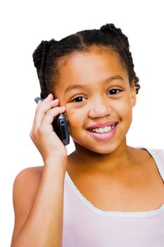 Girl talking on a mobile phone isolated over white
