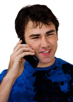 Close-up of a man talking on a mobile phone isolated over white