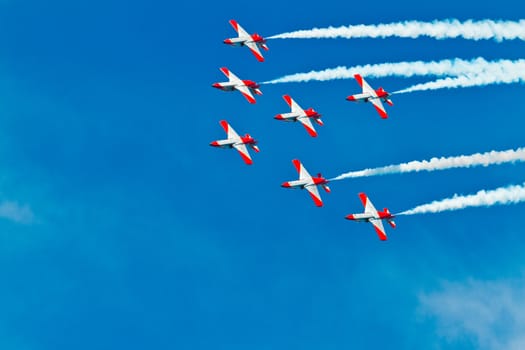 CADIZ, SPAIN-SEP 9: Aircrafts of the Patrulla Aguila taking part in a test on the 4th airshow of Cadiz on Sep 9, 2011, in Cadiz, Spain