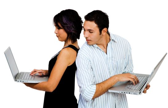 Young couple using laptops isolated over white