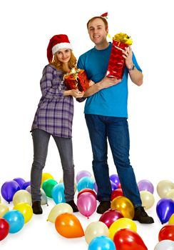 A married couple with Christmas gifts isolated on white background