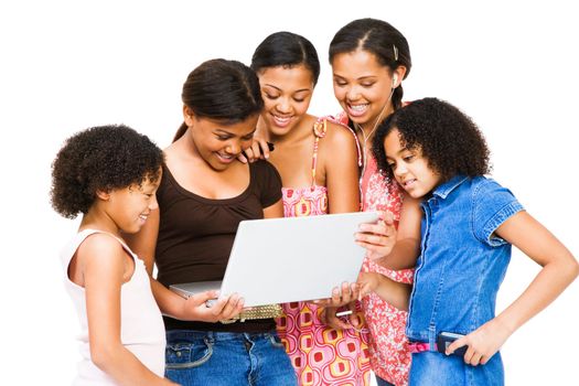 African American friends using a laptop and smiling isolated over white