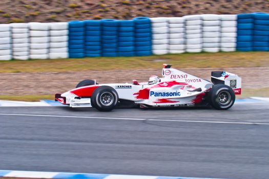 JEREZ DE LA FRONTERA, SPAIN - DEC 04: Jarno Trulli of Toyota F1 races during a training session on December 04, 2004, in Jerez de la Frontera, Spain