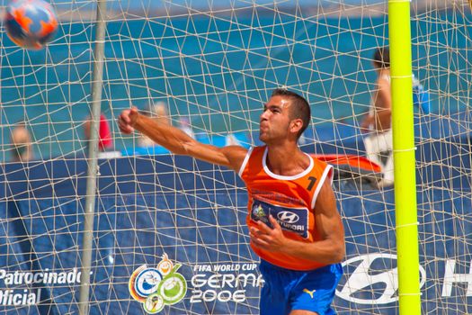 CADIZ, SPAIN -  JUL 22:  Unknown goalkeeper of unknown team playing the Spanish Championship of Beach Soccer on Jul 22, 2006 on the beach of La Victoria in Cadiz, Spain