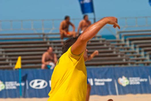 CADIZ, SPAIN -  JUL 22:  Unknown goalkeeper of unknown team playing the Spanish Championship of Beach Soccer on Jul 22, 2006 on the beach of La Victoria in Cadiz, Spain