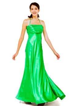 Fashion model posing and smiling isolated over white