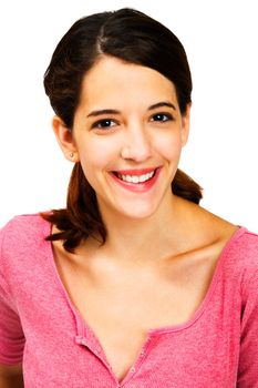 Close-up of a young woman smiling isolated over white