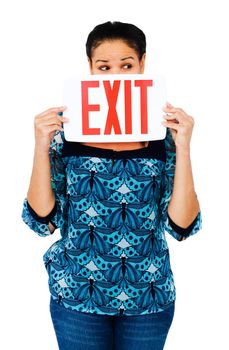 Woman holding exit sign isolated over white
