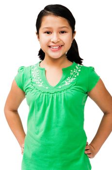 Portrait of happy girl posing and smiling isolated over white