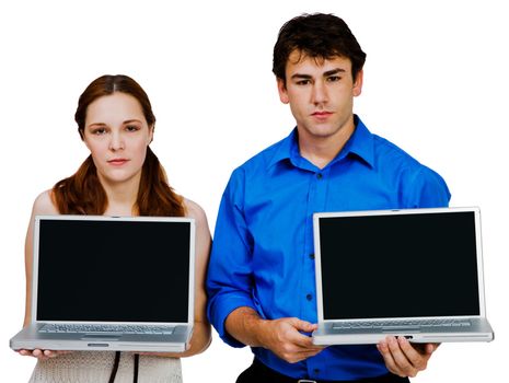 Man and woman showing laptops isolated over white