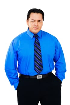 Portrait of businessman standing isolated over white