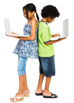 Boy and girl using laptops isolated over white