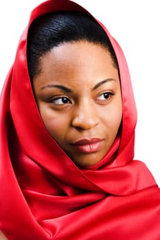 Close-up of a young woman thinking isolated over white