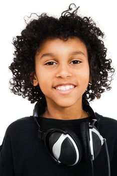 Latin American boy wearing a headset isolated over white