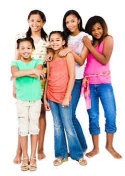 Portrait of five friends standing together isolated over white