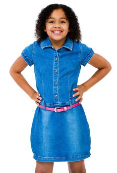 Girl standing and smiling isolated over white