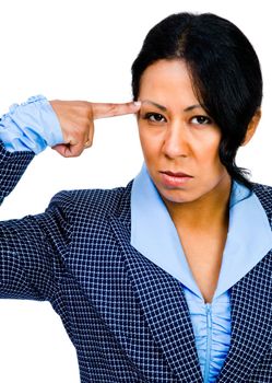 Mixedrace businesswoman suffering from headache isolated over white