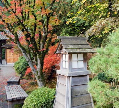 Japanese Garden Wooden Park Benches in the Fall