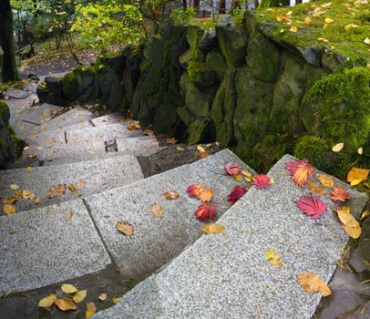 Garden Path Granite Stone Steps at  Japanese Garden in the Fall