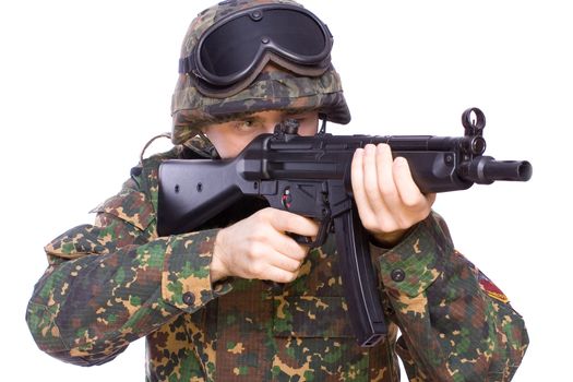 one soldier with the gun in the hands on a white background