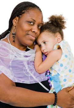 Happy woman carrying her daughter isolated over white