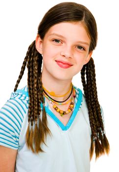 Close-up of a girl smiling isolated over white