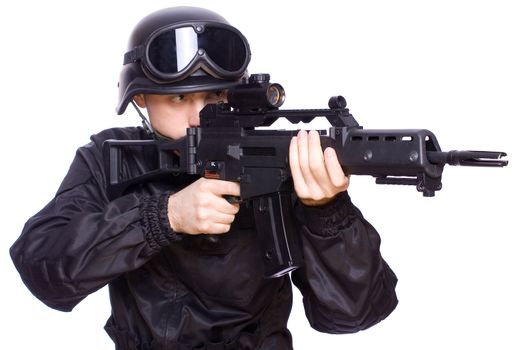 one soldier with the gun in the hands on a white background