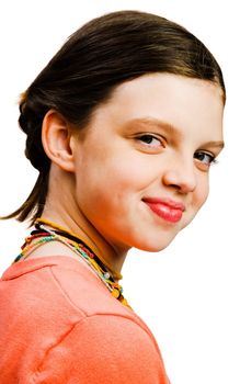 Close-up of a girl smiling and posing isolated over white