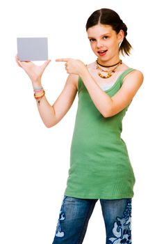 Caucasian girl showing a placard and smiling isolated over white