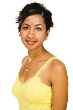 Portrait of a young woman posing and smiling isolated over white