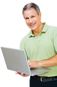 Close-up of a man working on a laptop isolated over white