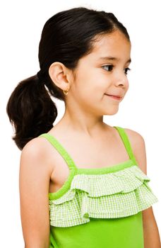 Close-up of a girl day dreaming and smiling isolated over white