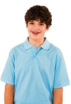 Caucasian boy posing and smiling isolated over white