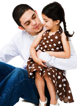 Close-up of a man hugging a girl isolated over white